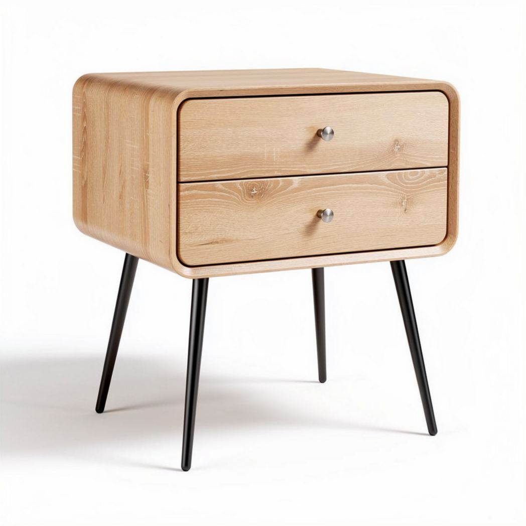 Wooden nightstand with two drawers and black metal legs 50 x 40 x 45cm