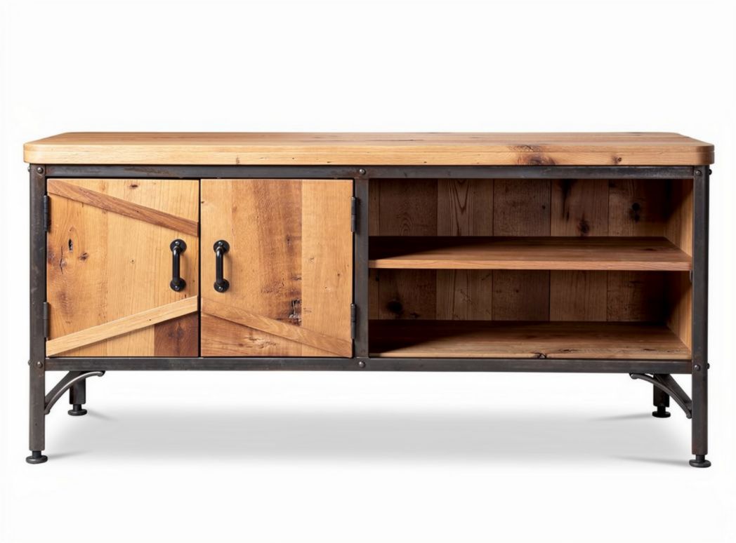 Wood and metal storage cabinet with two doors and open shelves 120 x 40 x 50cm