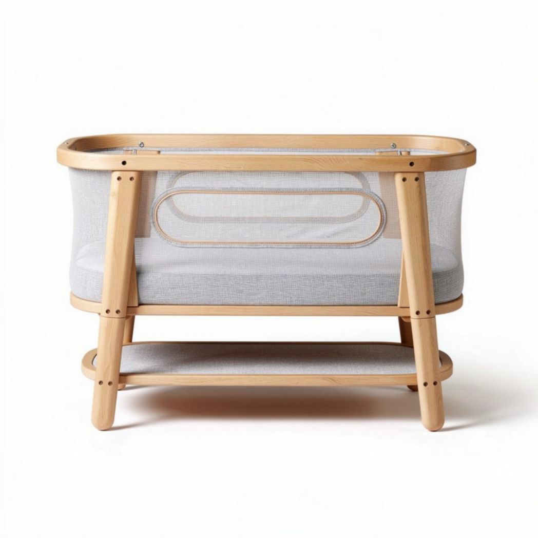 Wooden bedside crib with mesh sides and removable mattress 90 x 60 x 70cm