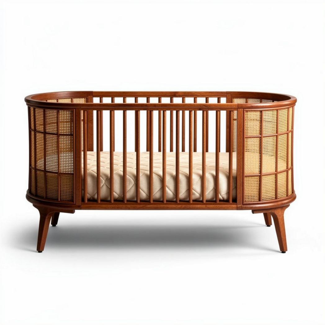 Rattan and wood convertible crib with natural finish 112 x 60 x 85cm
