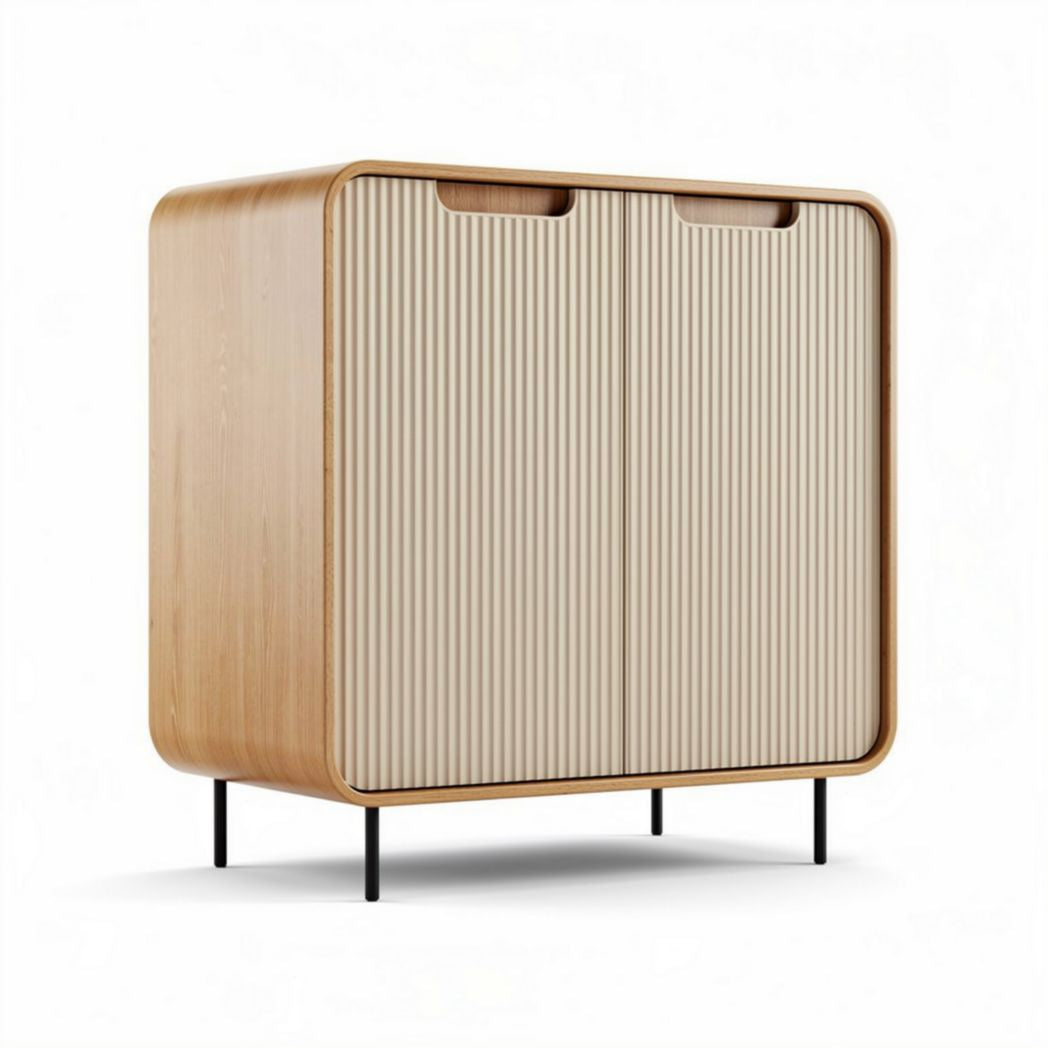 Wooden cabinet with ribbed doors and metal legs 80 x 40 x 75cm