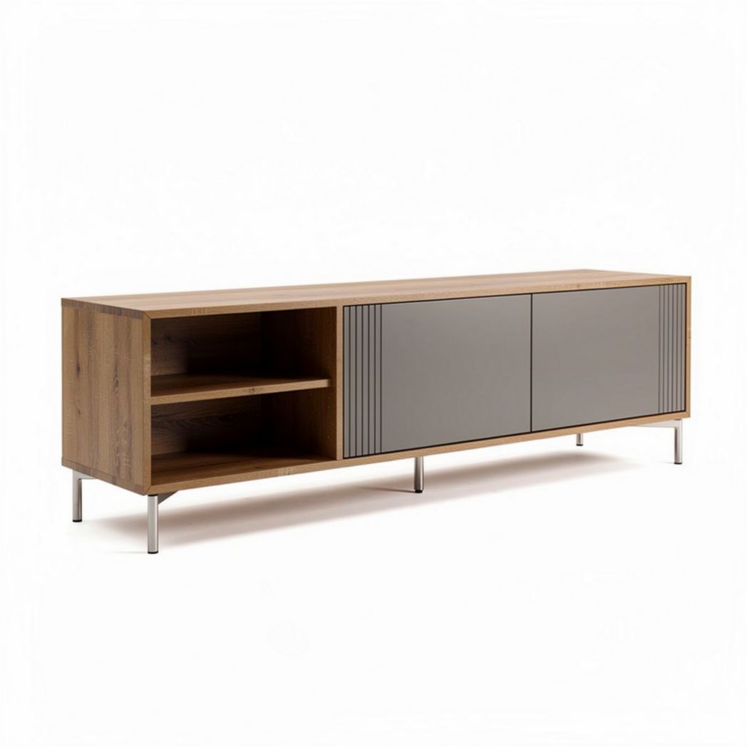 Wooden media console with gray sliding doors and open shelves 150 x 40 x 50cm