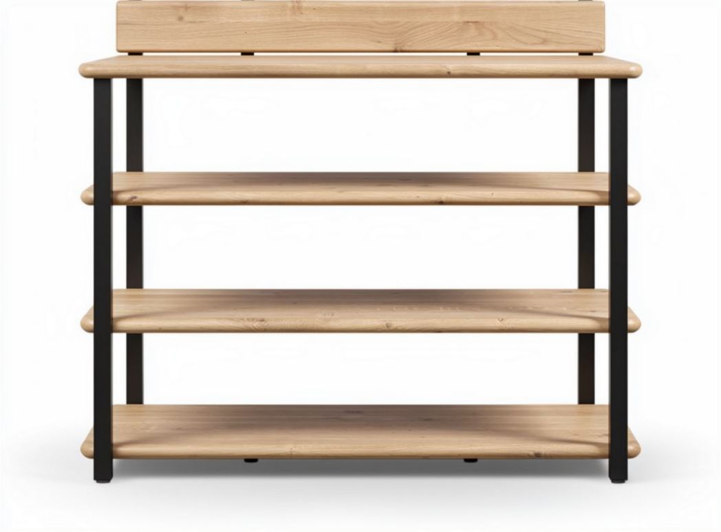 Wooden shelving unit with four tiers and black metal frame 80 x 40 x 80cm