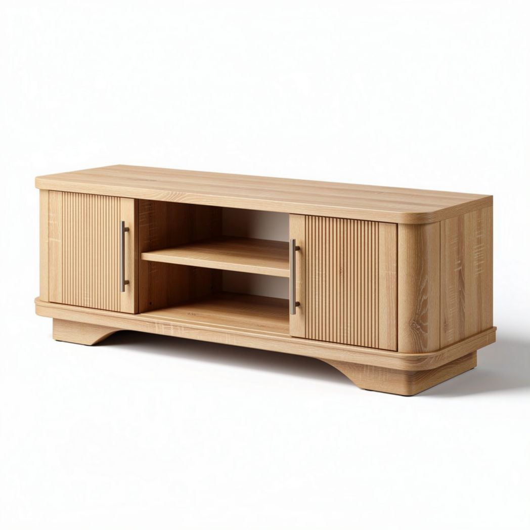 Wooden TV stand with storage compartments and a natural finish 120 x 40 x 50cm