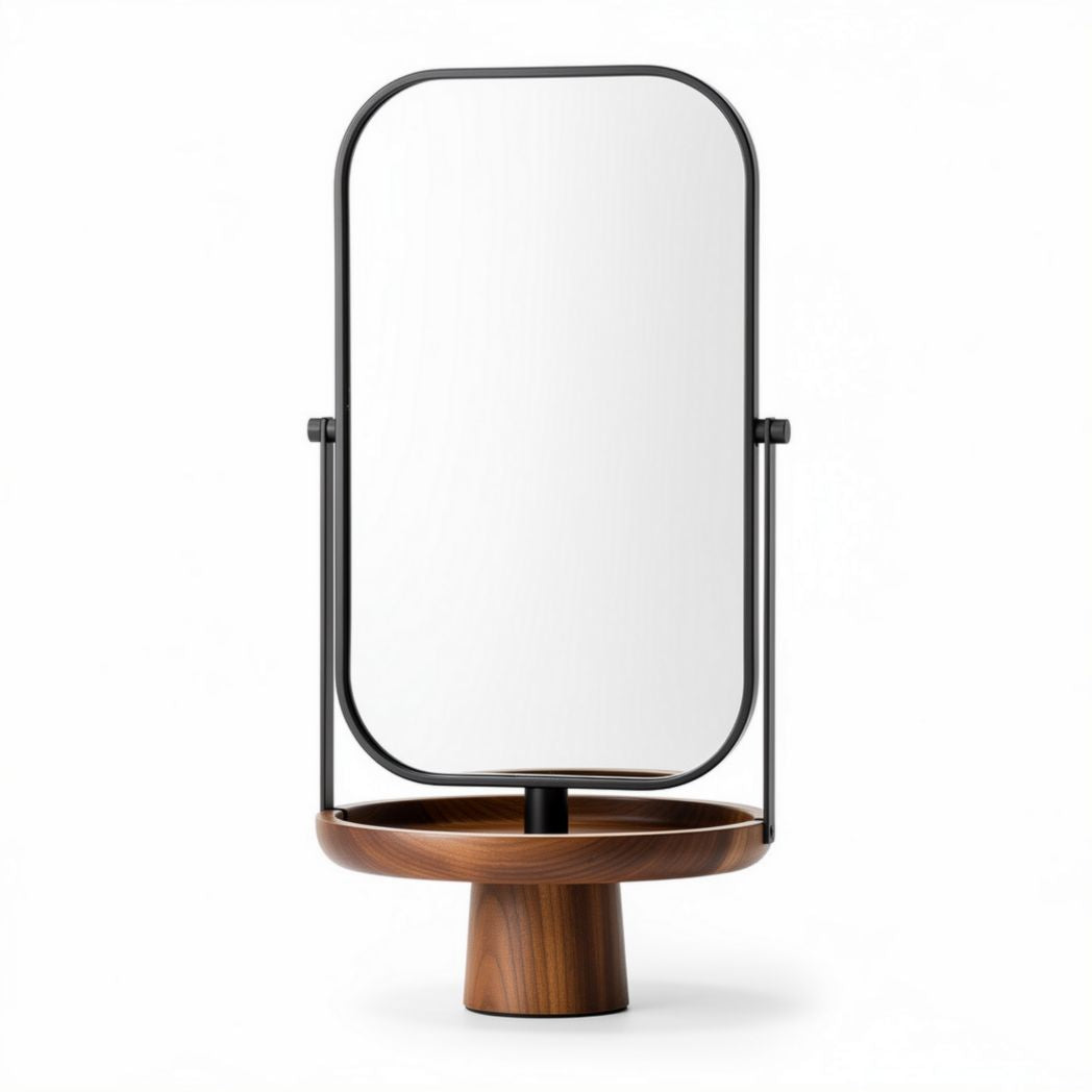 Modern tabletop mirror with wood stand and metal frame dimensions 30 x 20 x 50cm