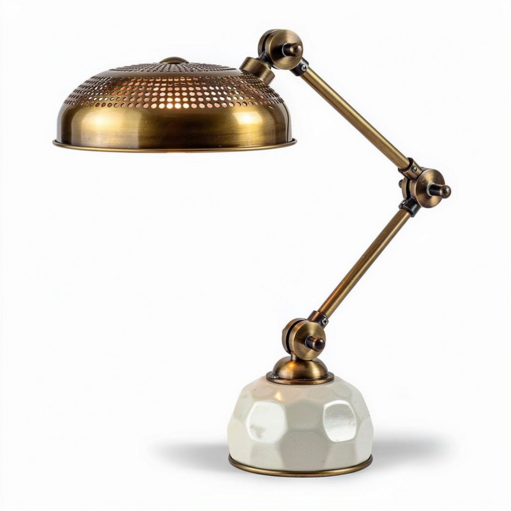Brass and ceramic adjustable desk lamp with perforated shade 30 x 25 x 45cm