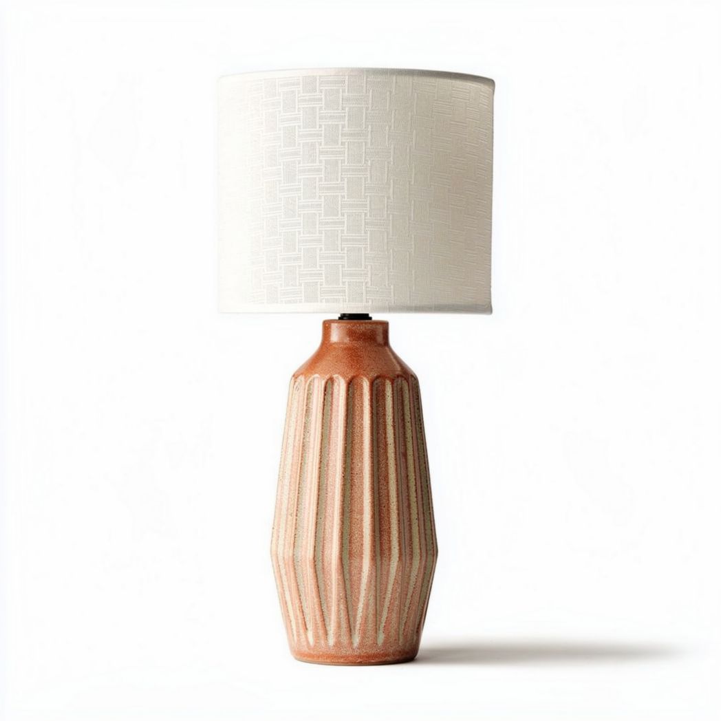 Ceramic table lamp with textured base and fabric shade 20 x 20 x 50cm