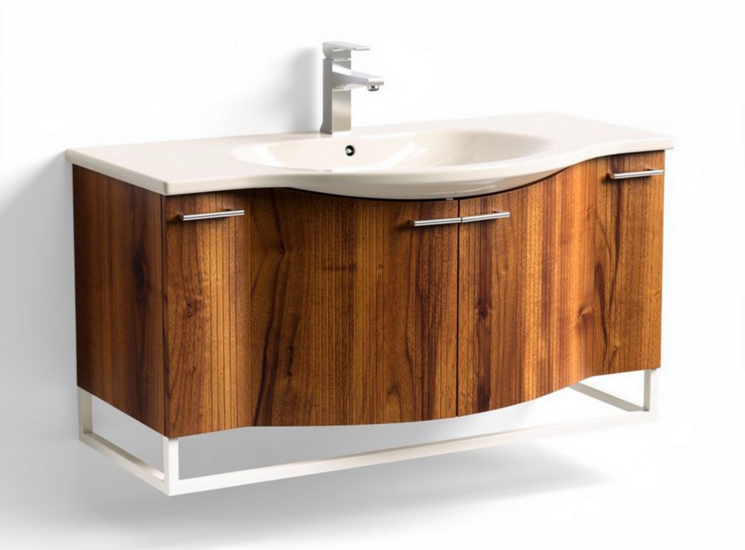 Wall-mounted bathroom vanity with wood finish and ceramic sink 80 x 45 x 55cm