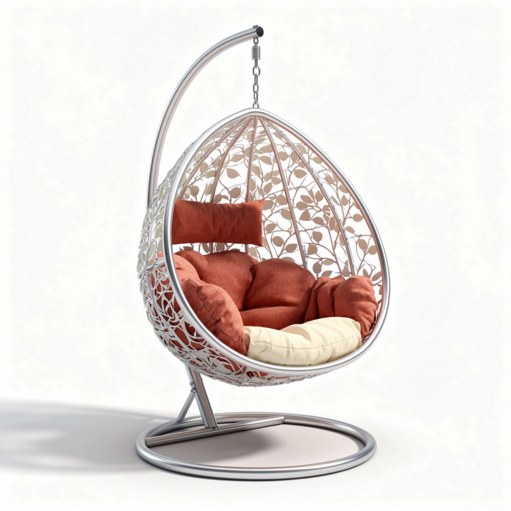 Hanging egg chair with aluminum frame and cushion in orange and cream colors