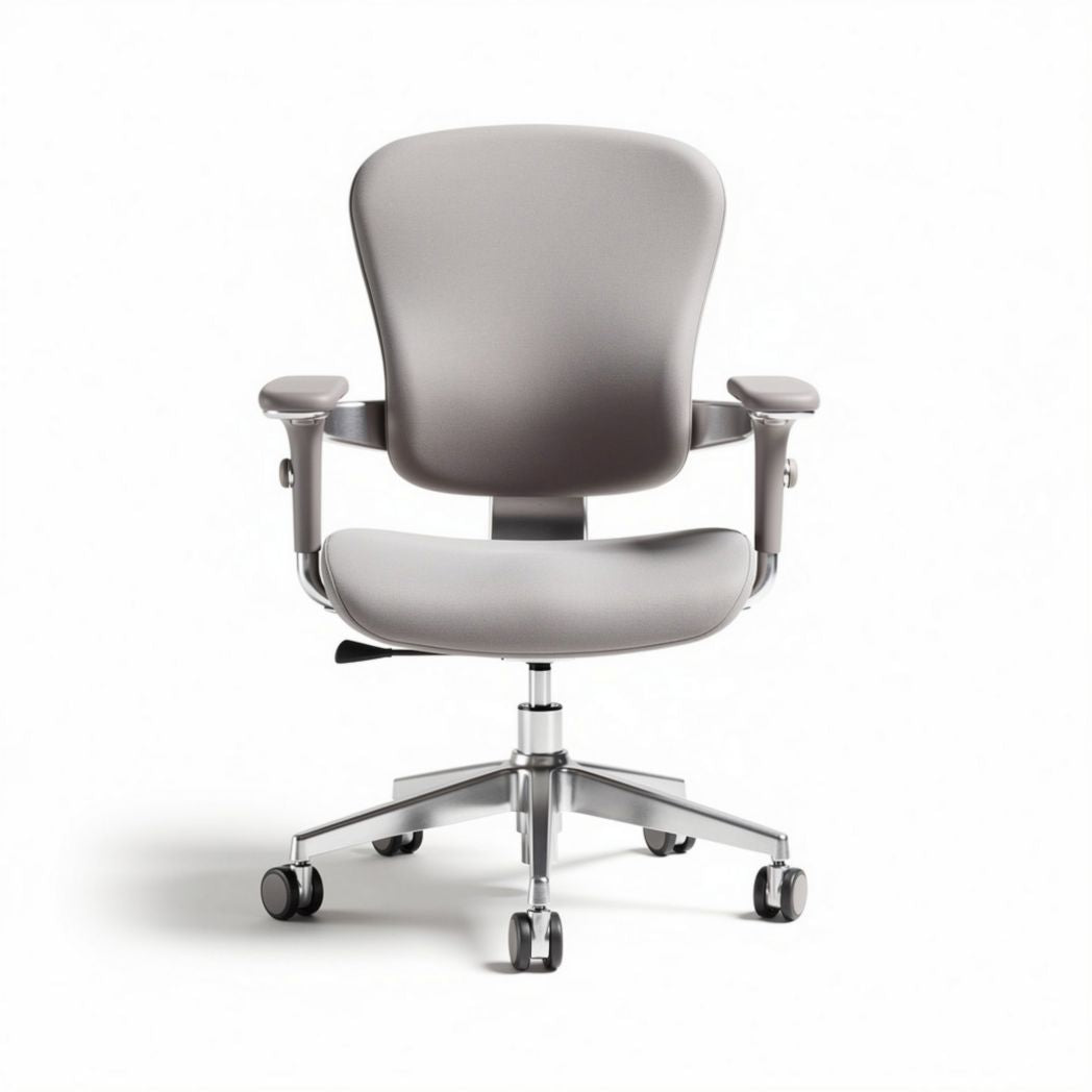 Ergonomic office chair in light gray with adjustable height and armrests