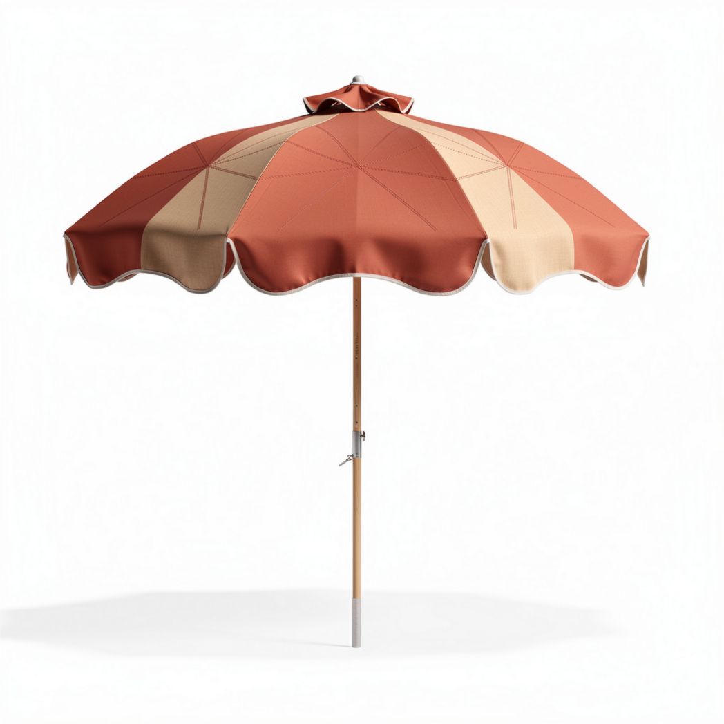 Rust color beach umbrella with ribbed design and wooden pole 200 x 200 x 250cm