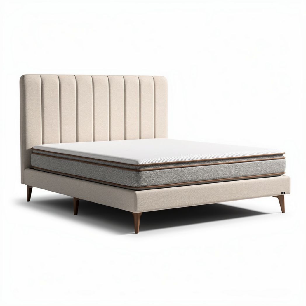 Upholstered bed frame with headboard in beige fabric and wooden legs 202 x 160 x 40cm