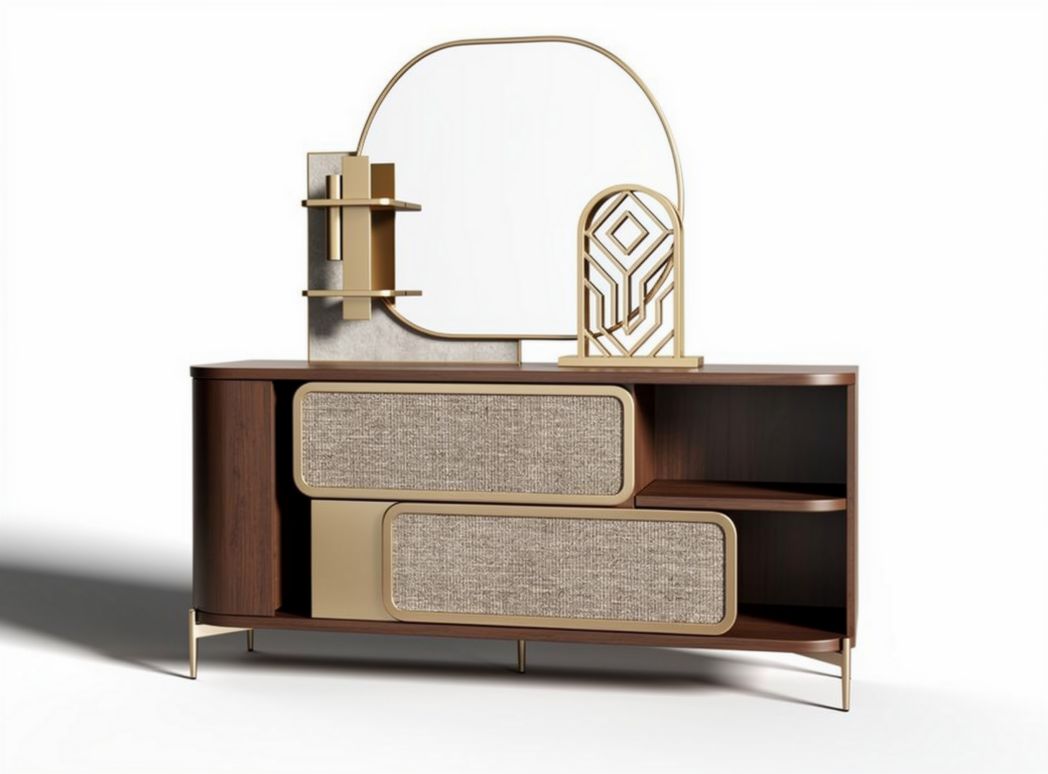 Modern wooden sideboard with brass accents and woven drawers 120 x 45 x 75cm