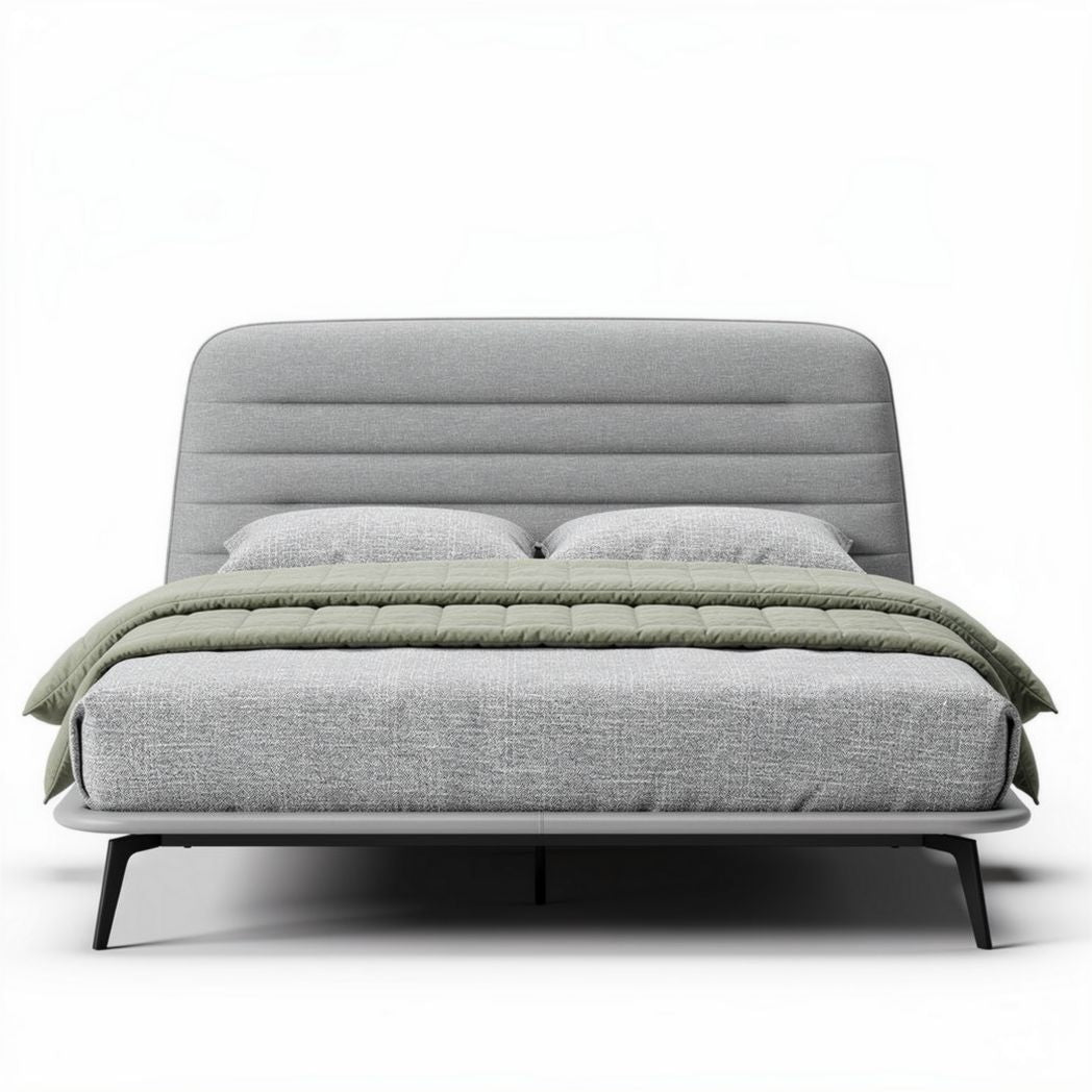 Fabric upholstered bed frame with gray headboard and green bedding 200 x 160 x 100cm